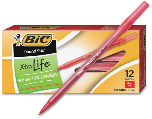 Bic Round Stic Red Pen, Medium, 12 ct
