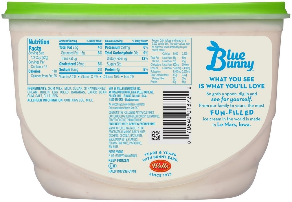 Blue Bunny Frozen Yoghurt, Strawberry Banana, 48 oz