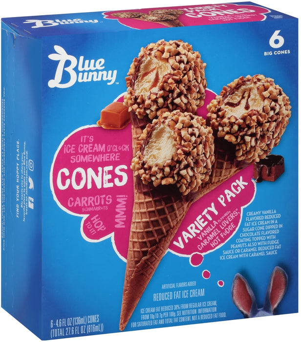 Blue Bunny Variety Pack Reduced Fat Ice Cream Cones, 6 ct