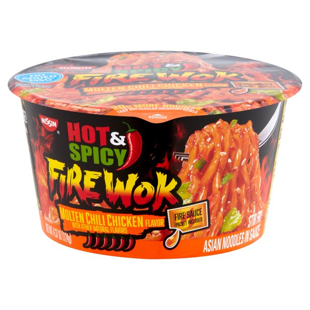 Nissin Hot & Spicy Fire Wok Molten Chili Chicken Noodles, 4.37 oz