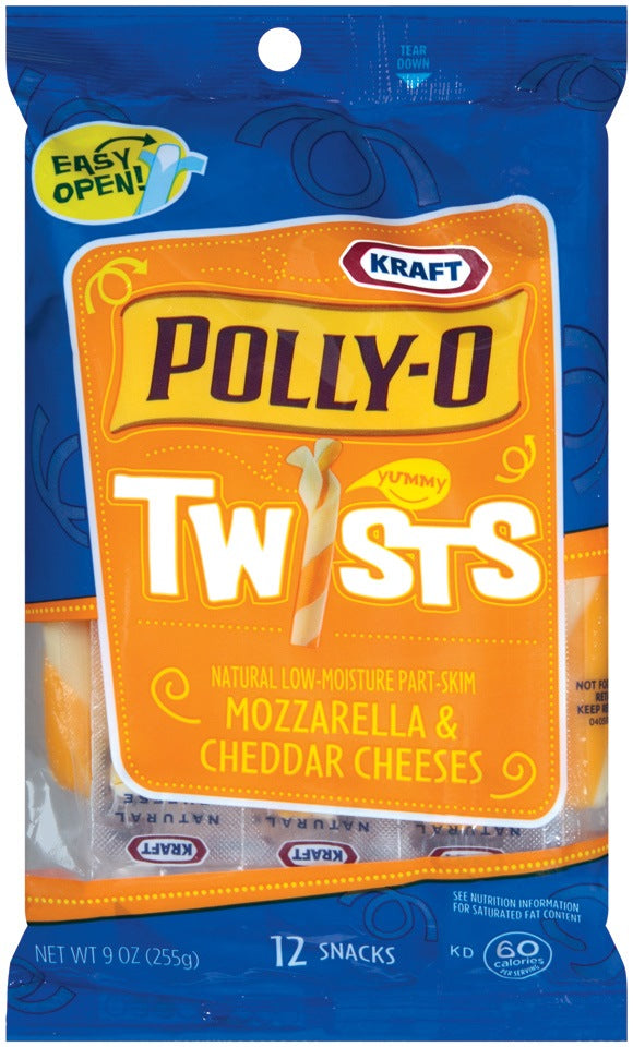 Polly-O Twists Mozzarella & Cheddar String Cheese Snacks, Natural Low-Moisture Part-Skim, 12 ct