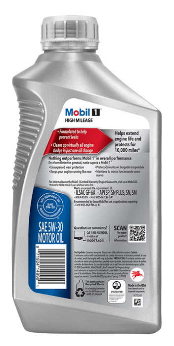 Mobil 1 5W-30 High Mileage Full Synthetic Motor Oil , 1 qt