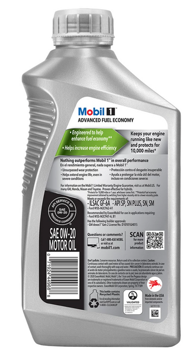 Mobil 1 Advanced Fuel Economy Full Synthetic Motor Oil, 0W-20, 1 qt