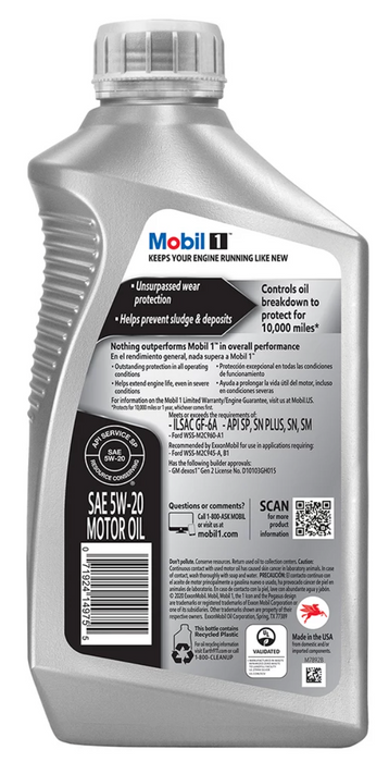 Mobil 1 Advanced Full Synthetic Motor Oil, 5W-20, 1 qt