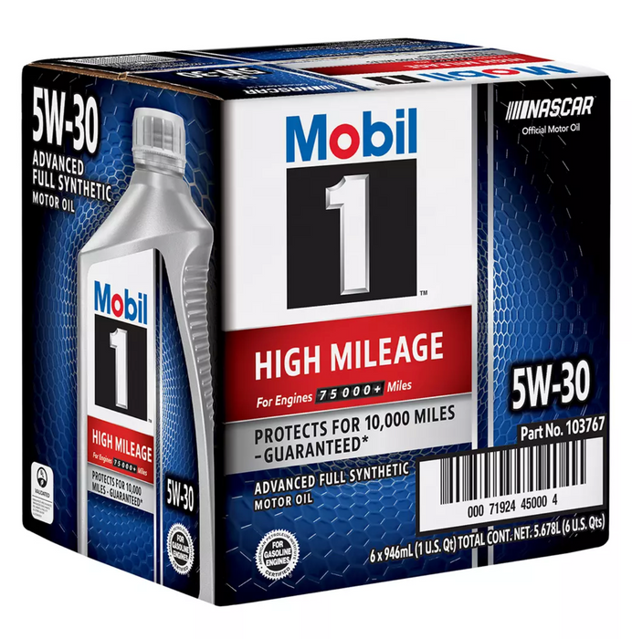 Mobil 1 5W-30 High Mileage Full Synthetic Motor Oil, 6-Pack, 6 x 1 qt