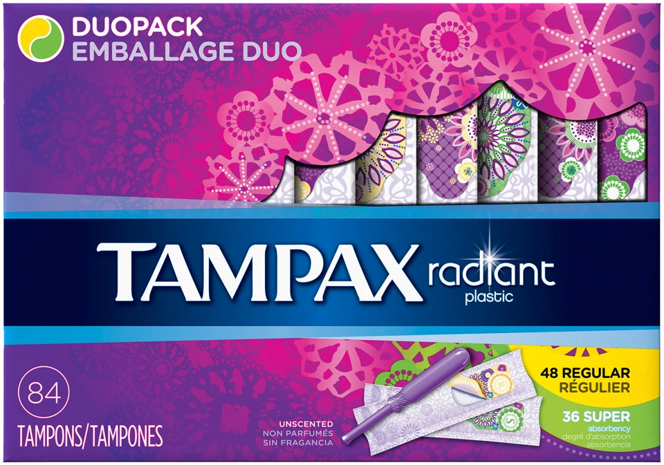 Tampax Radiant Plastic Tampons, Regular & Super Duo Pack, Unscented, 84 ct