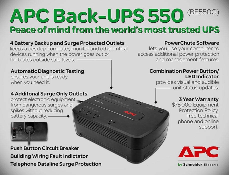 APC Back-Ups with 8 Outlets, 550VA, 1 ct