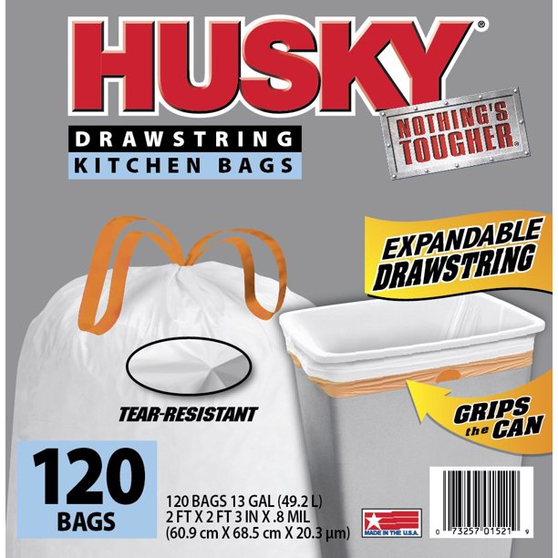 Husky Drawstring Kitchen Bags, 13 Gallon, 120 ct