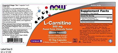 Now L-Carnitine 500mg Amino Acid Vegetable Capsules, 30 ct