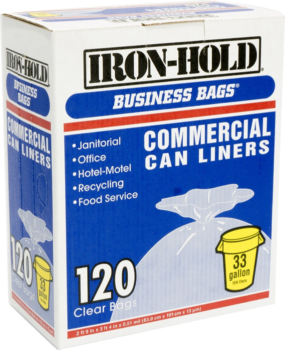 Iron Hold Commercial Can Liners Business Bags, 33 Gallons, 120 ct
