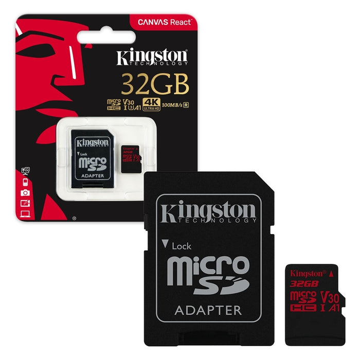 Kingston Micro SD HC Canvas React Memory Card with Adapter, 32 GB, 