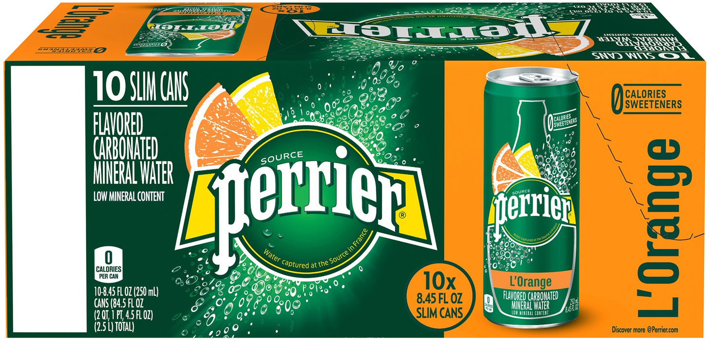 Perrier Sparkling L'Orange Natural Mineral Water Cans, 10 x 8.45 oz