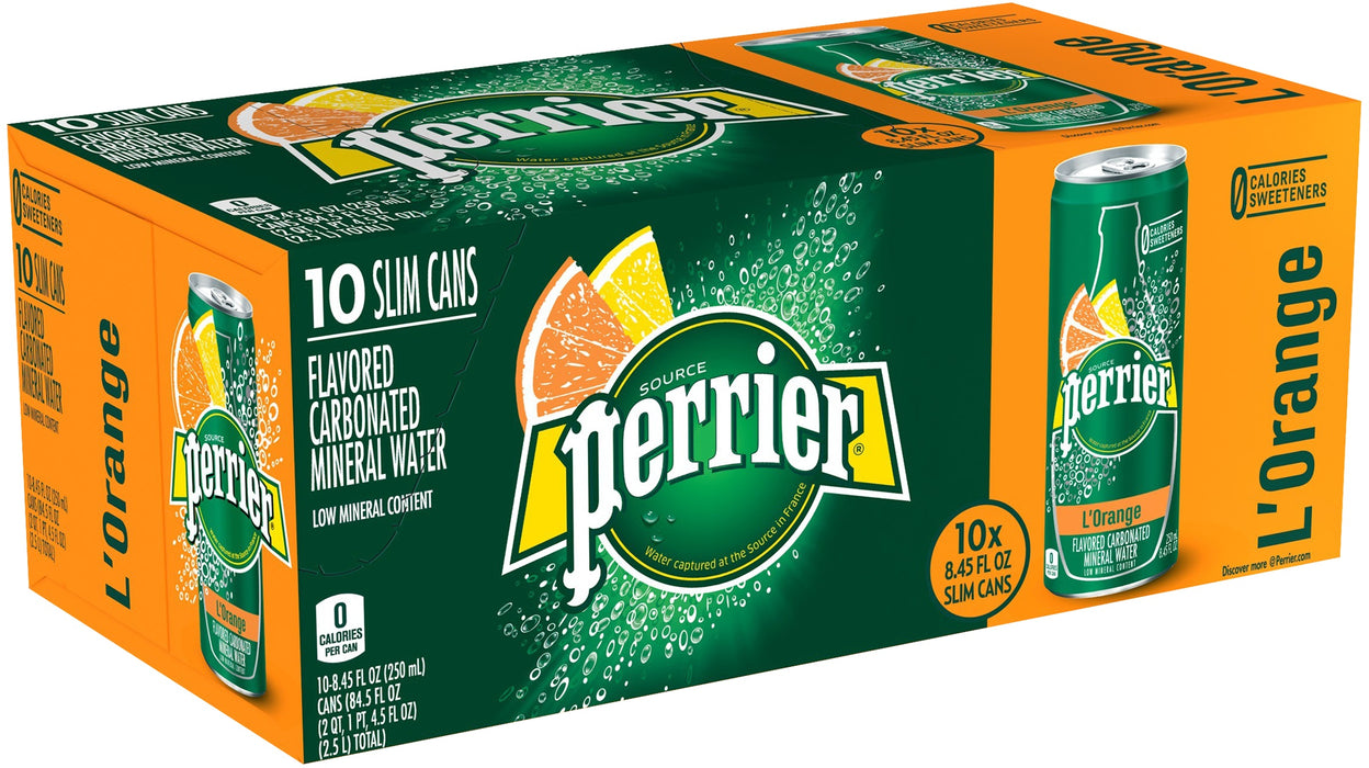 Perrier Sparkling L'Orange Natural Mineral Water Cans, 10 x 8.45 oz