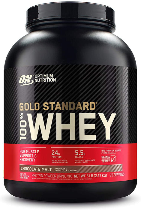 ON Gold Standard 100% Whey Chocolate Malt Protein Powder Drink Mix, 72 servings, 5 lbs (2.36 kg)