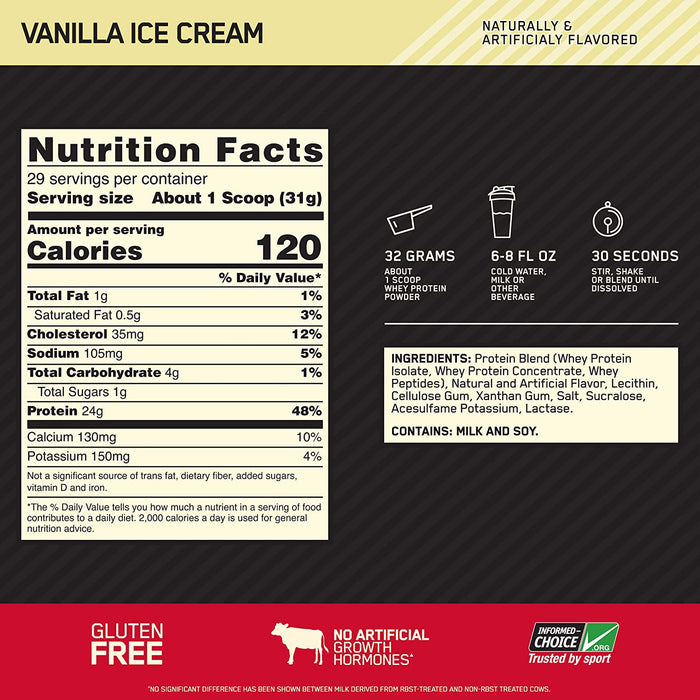 ON Gold Standard 100% Whey Vanilla Ice Cream Protein Powder Drink Mix, 29 servings, 2 lbs (907 gr)