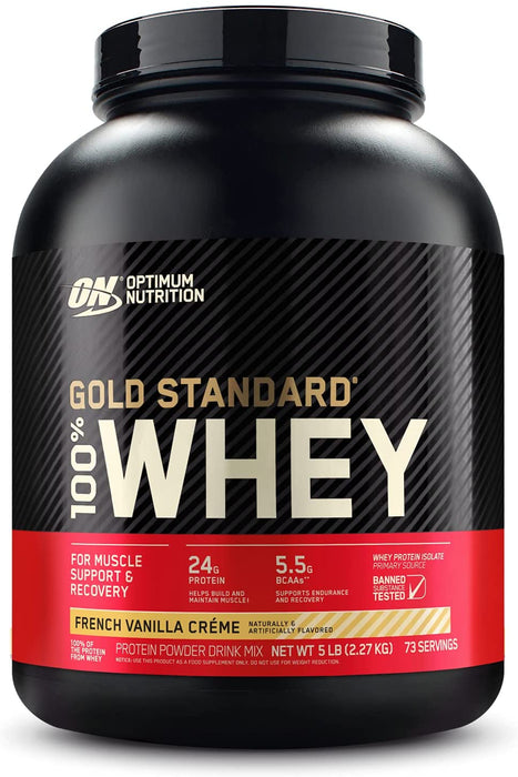 ON Gold Standard 100% Whey French Vanilla Creme Protein Powder Drink Mix, 72 servings, 5 lbs (2.36 kg)
