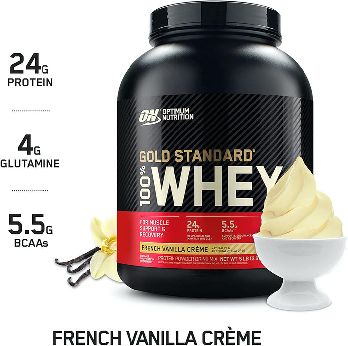 ON Gold Standard 100% Whey French Vanilla Creme Protein Powder Drink Mix, 72 servings, 5 lbs (2.36 kg)