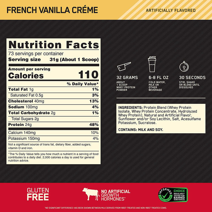 ON Gold Standard 100% Whey French Vanilla Creme Protein Powder Drink Mix, 72 servings, 5 lbs (2.36 kg)