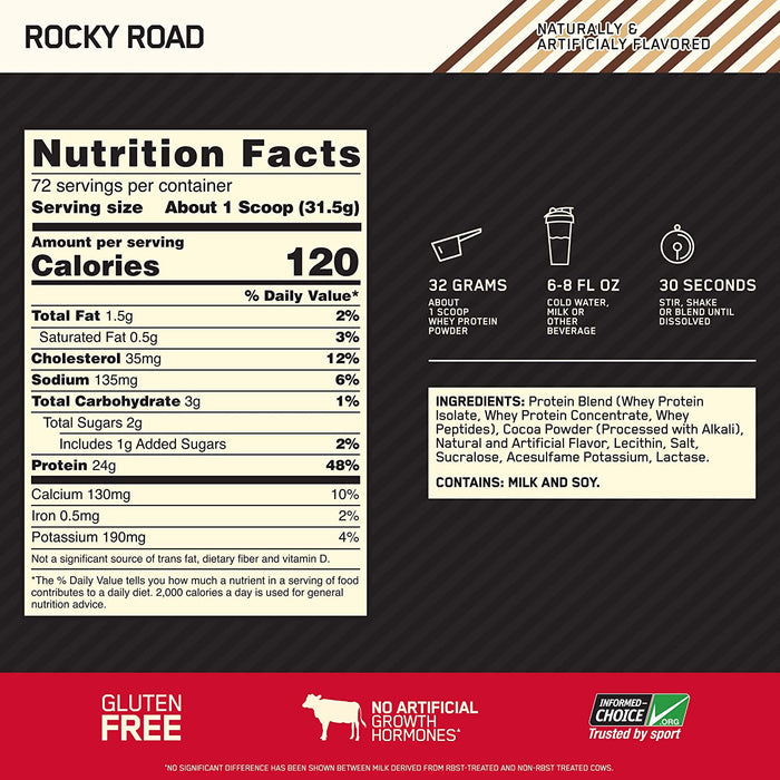 ON Gold Standard 100% Whey Rocky Road Protein Powder Drink Mix, 72 servings, 5 lbs (2.36 kg)