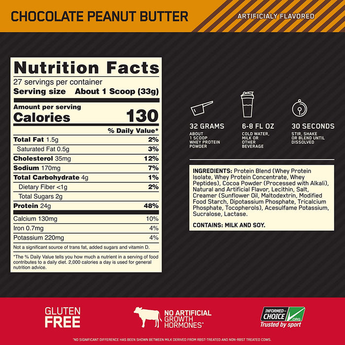 ON Gold Standard 100% Whey Chocolate Peanut Butter Protein Powder Drink Mix, 27 servings, 2 lbs (907 gr)