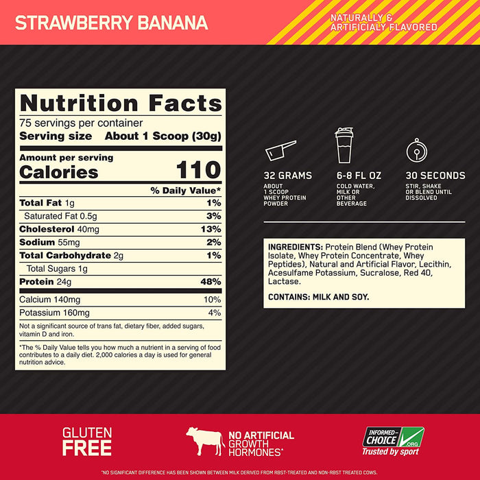 ON Gold Standard 100% Whey Strawberry Banana Protein Powder Drink Mix, 75 servings, 2 lbs (907 gr)