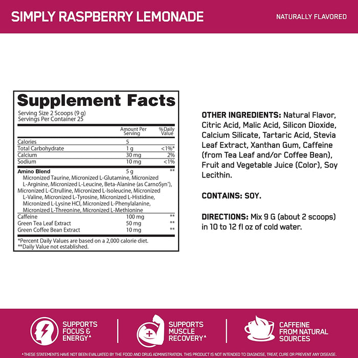 ON Essential AMIN.O. Energy Naturally Flavored Raspberry Lemonade Dietary Supplement, 25 servings, 7.94 oz (225 gr)