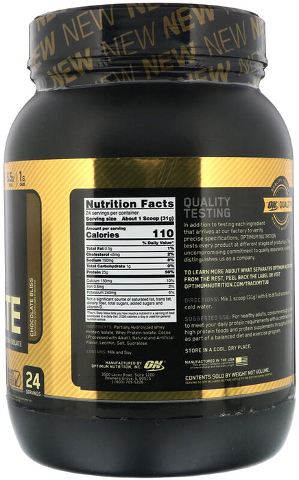 ON Gold Standard 100% Isolate Chocolate Bliss Whey Protein Powder Drink Mix, 24 servings, 1.58 lbs (720 gr)