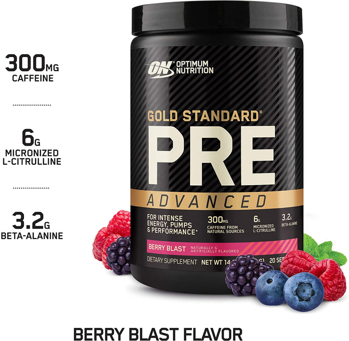 ON Gold Standard PRE Advanced Berry Blast Dietary Supplement, 20 servings, 14.1 oz (400 gr)