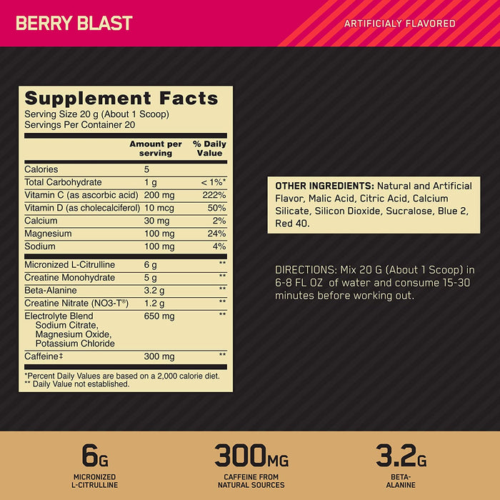 ON Gold Standard PRE Advanced Berry Blast Dietary Supplement, 20 servings, 14.1 oz (400 gr)