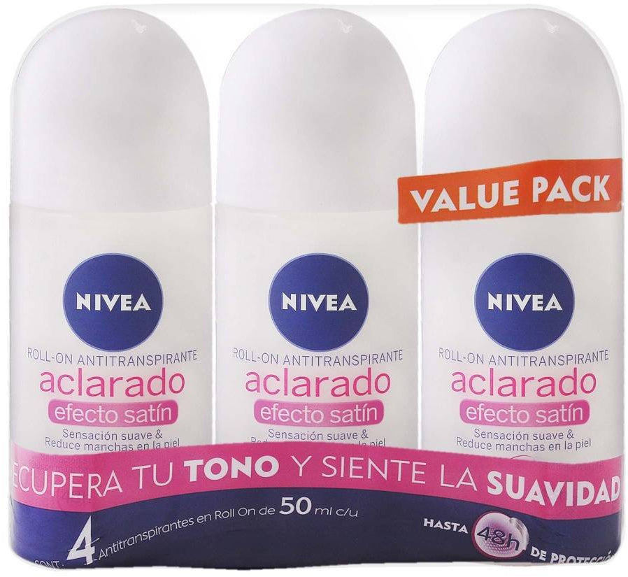 Nivea Satin Effect Natural Clear Anti-Transpirant Roll-On, Value 4-Pack, 4 x 50 ml