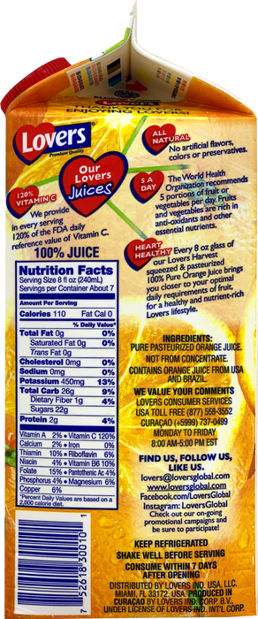 Lovers 100% Orange Juice, 1.75 L, 59 oz