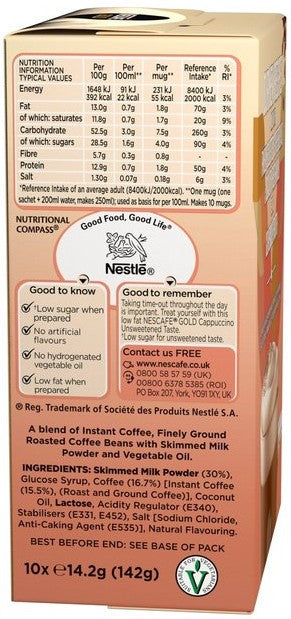 Nestle Nescafe Gold Sachets, Cappuccino Unsweetended, 10 ct