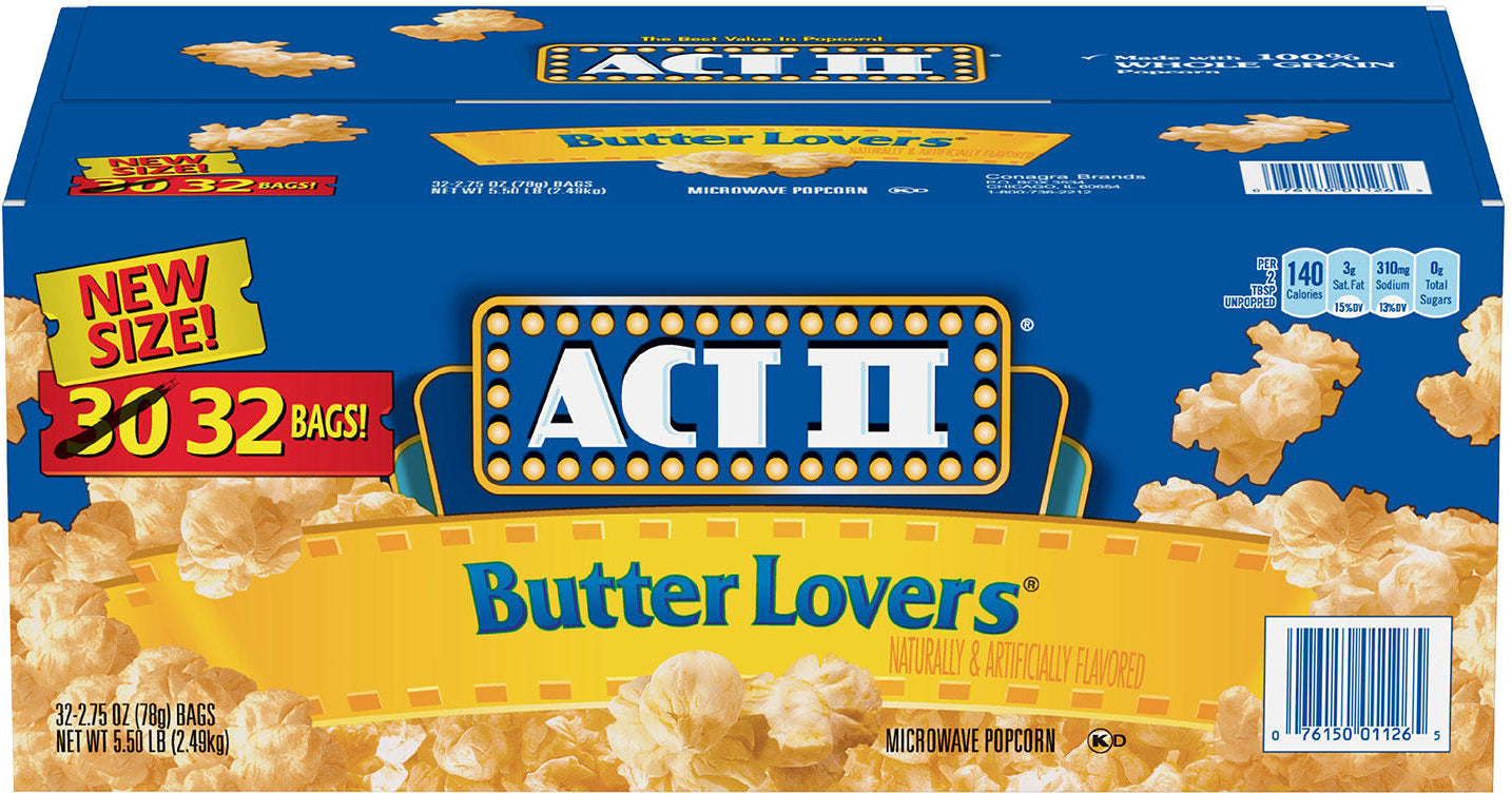 Act II Butter Lovers Microwave Popcorn, 32-Pack, 32 x 2.75 oz