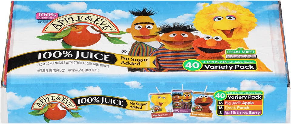 Apple & Eve Sesame Street 100% Juice, No Sugar Added, Variety Pack, 40 x 4.23 oz