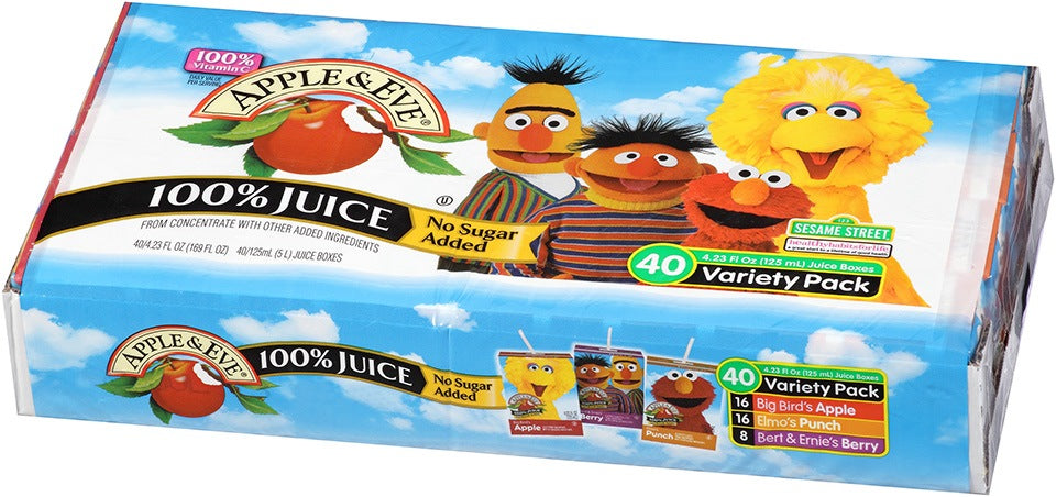 Apple & Eve Sesame Street 100% Juice, No Sugar Added, Variety Pack, 40 x 4.23 oz