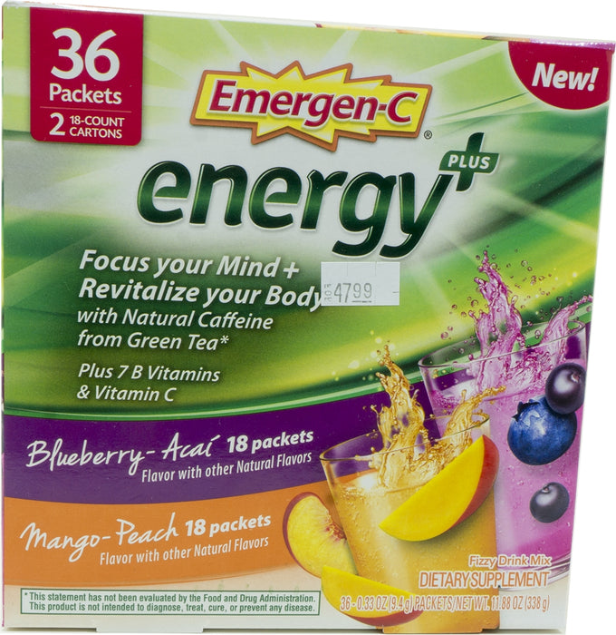 Emergen-C Energy Plus Fizzy Drink Mix Dietary Supplement, Packets in 2 Flavors, 36 ct