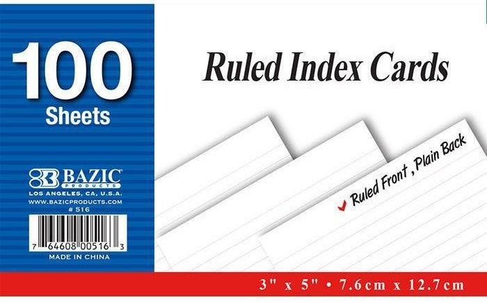 Bazic Ruled White 3 x 5 Inch Index Card, 100 ct