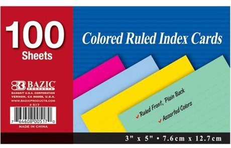 Bazic Ruled Color 3 x 5 Inch Index Card, 100 ct