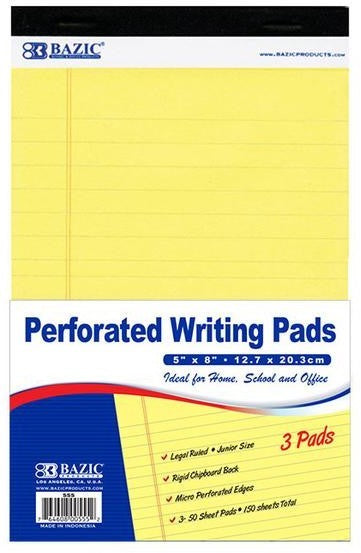 Bazic Canary Jr. Perforated Writing Pad, 5 x 8 inch, 3 ct