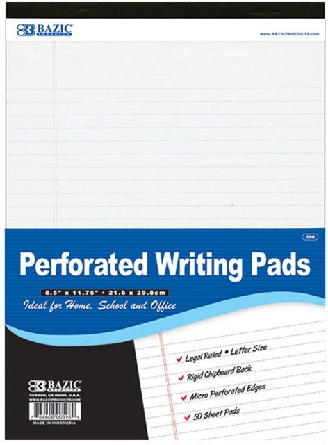 Bazic White Jr. Perforated Writing Pad, 5 x 8 inch, 3 ct