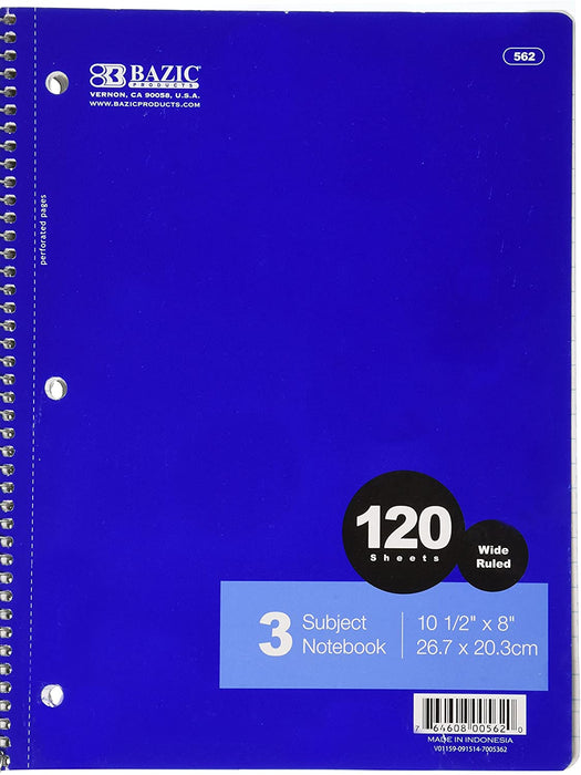 Bazic W/R 3 Subject Spiral Notebook , 120 sheets