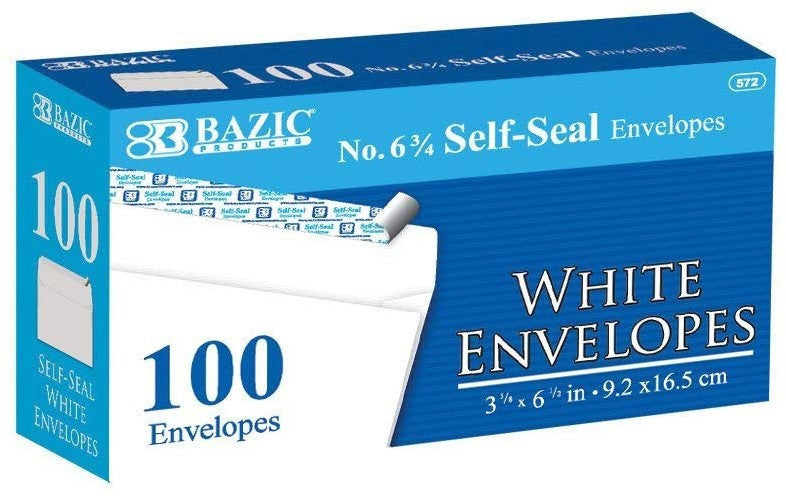Bazic No 6 3/4 Self-Seal Envelopes, White, 100 ct