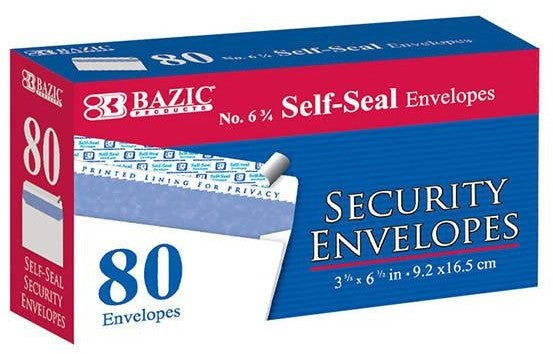 Bazic No 6 3/4 Self-Seal Security Envelopes, White, 80 ct