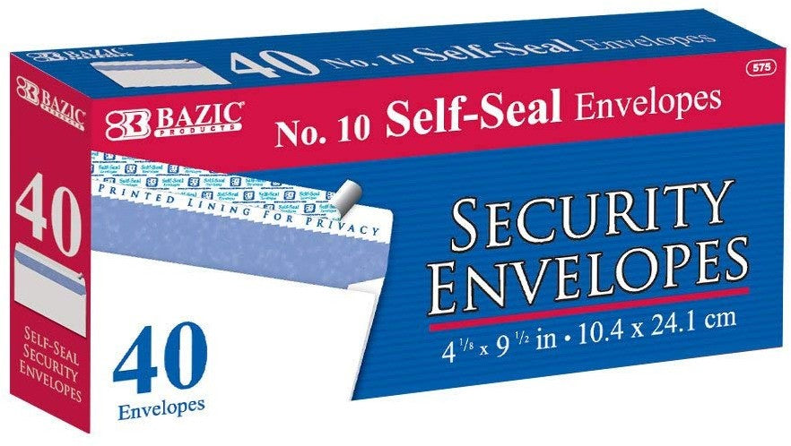 Bazic No 10 Self-Seal Security Envelopes, White, 40 ct