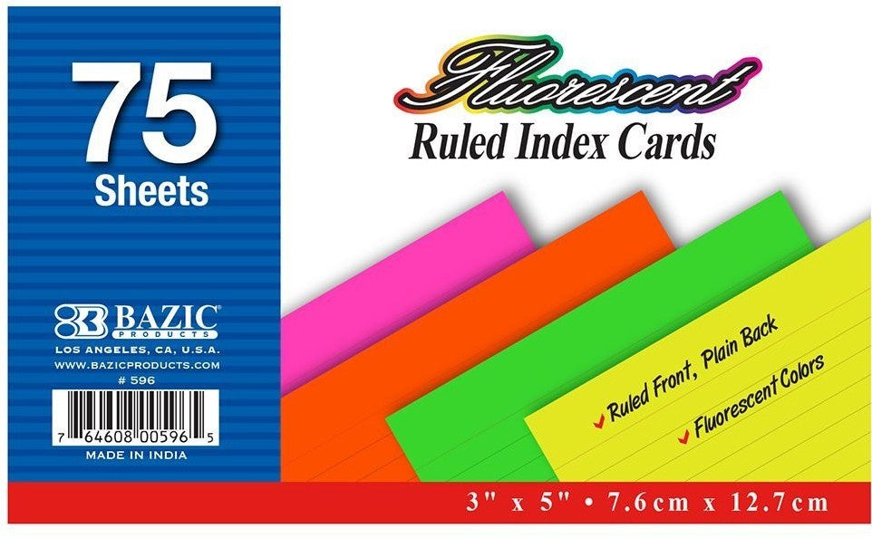 Bazic Fluorescent Ruled Index Cards, 75 ct