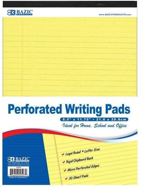 Bazic Perforated Writing Pad, Yellow Paper, 50 ct