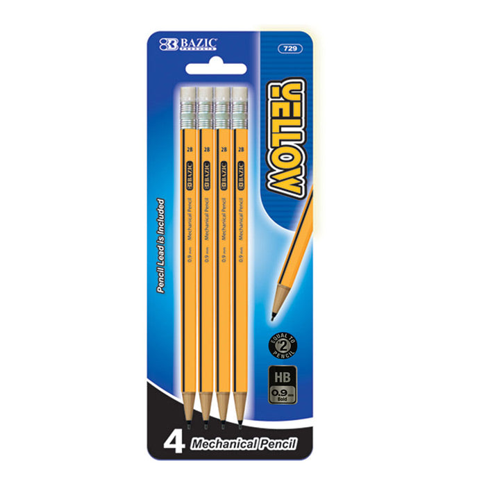 Bazic Yellow 0.9 mm 2B Mechanical Pencils , 4 pcs