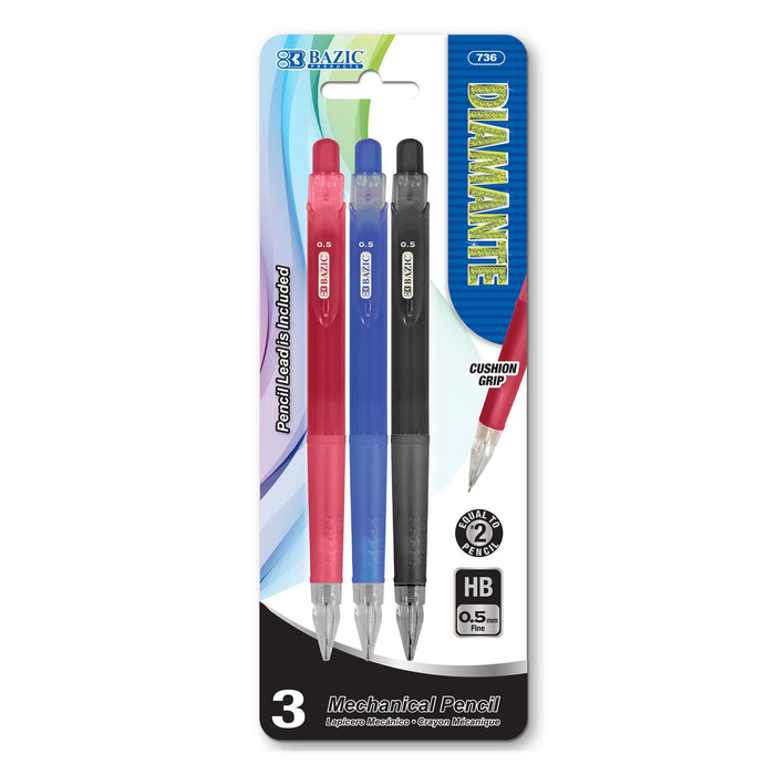 Bazic Diamante 0.5 mm Mechanical Pencil W/ Grip , 3 pcs