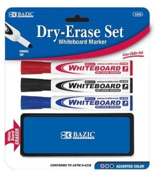 Bazic Dry-Erase Whiteboard Markers & Eraser, 3 ct