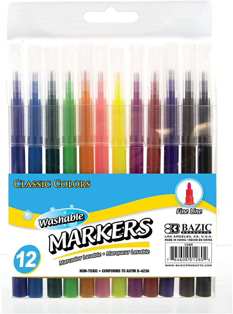 Bazic Classic Colors Washable Markers, #1280, 12 pcs